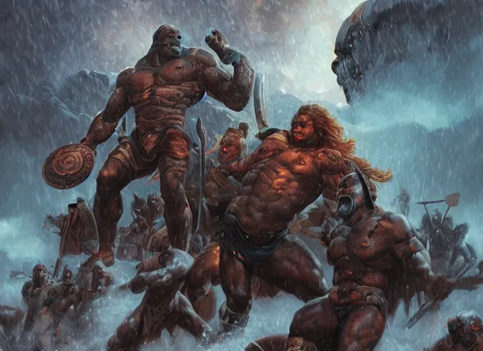 Image similar to giant darkseid attacking an encampment of amazon warriors during a blizzard, highly detailed, digital illustration, artstation, concept art, matte, sharp focus, illustration, dramatic, full moon, art by artgerm and greg rutkowski and alphonse mucha