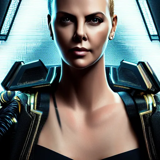 Image similar to charlize theron portrait, cyberpunk 2 0 7 7, cyberpunk judy alvarez, photorealistic, ultra detailed, neon, octane, bokeh, cinematic lighting, cyber, cyberpunk city, studio quality, feature, scars, cyberface, 8 k