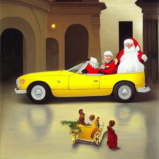 Prompt: Father Christmas driving a yellow sports car Painted by Caravaggio