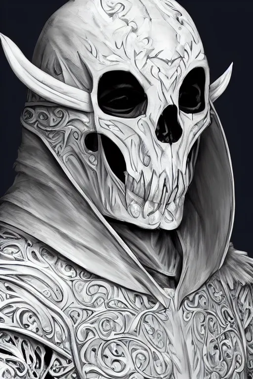 Image similar to hyper realistic digital art portrait of a villain wearing white bird skull mask, and high tech intricate armor and a black cloak.