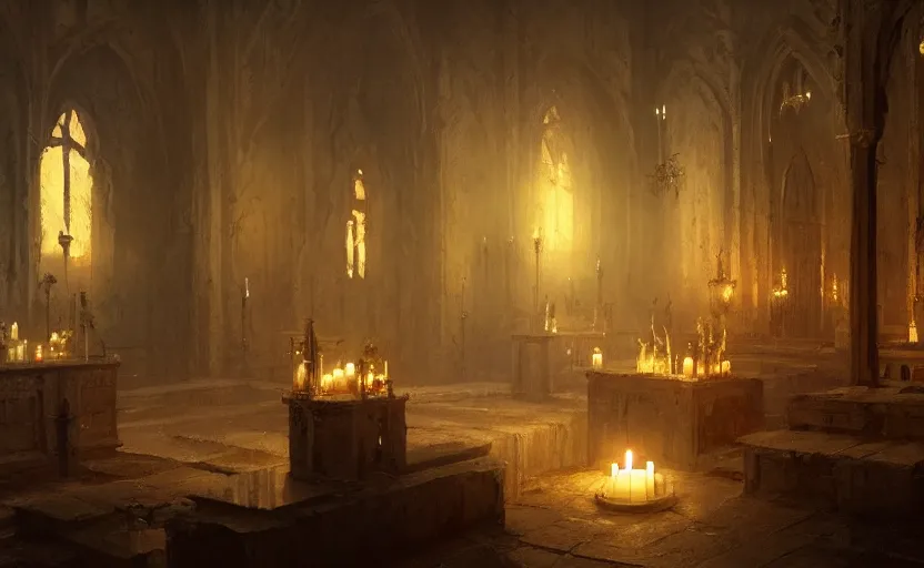 Image similar to painting of an interior medieval castle with candles by Greg Rutkowski and Craig Mullins, Dark cold atmospheric sad and cinematic lighting, Trending on artstation