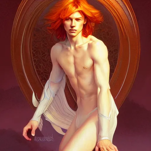 Image similar to beautiful natural ginger male angel, intricate, elegant, highly detailed, digital painting, artstation, concept art, smooth, sharp focus, illustration, art by artgerm and greg rutkowski and alphonse mucha and loish and WLOP