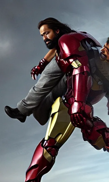 Image similar to full shot photograph of jesus christ being carried by iron man on doomsday, photorealistic, cinematic lighting, extremely detailed, marvel cinematic universe