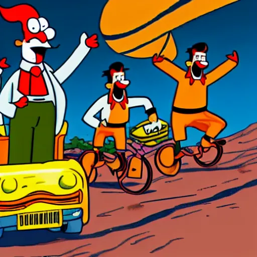 Image similar to Ned Flanders, Ronald McDonald, and Mr. Krabs storming Area 51 while riding on a camel wearing a basketball jersey