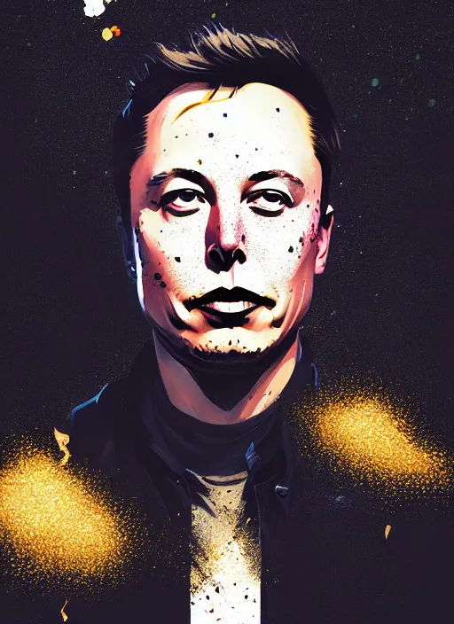 Prompt: Portrait of elon musk consumed by smoky water, stylized geometric explosion of splatter paint black gold sparkling, fantasy art by Greg Rutkowski, Loish, Rhads, Makoto Shinkai and Lois van baarle, ilya kuvshinov, rossdraws