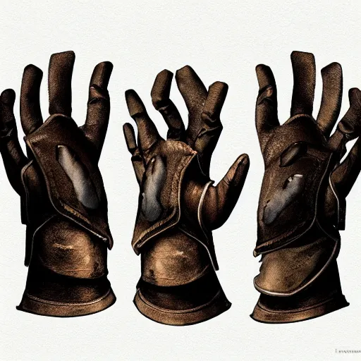 Image similar to gloves with metal claws, old leather gloves with attached talons, pointy fingertips, dark background, highly detailed, 8 k, trending on artstation, mystic, rpg artwork, by peter jackson, by sauron