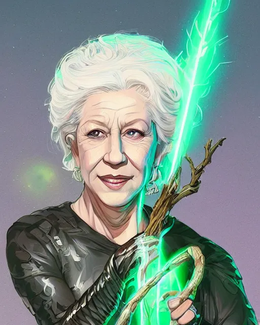 Prompt: a white-haired witch holding a gnarled staff, helen mirren, wisdom of the ages, glowing iridescent accents, digital apex legends illustration portrait, gorgeous lighting, wide angle action dynamic portrait, art by Josan Gonzalez, bright colors, green and gold palette, high contrast