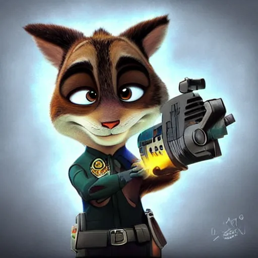 Image similar to “ animal character in the style of zootopia holding laser gun, floating alone, with a black dark background, digital art, award winning, trending on art station ”