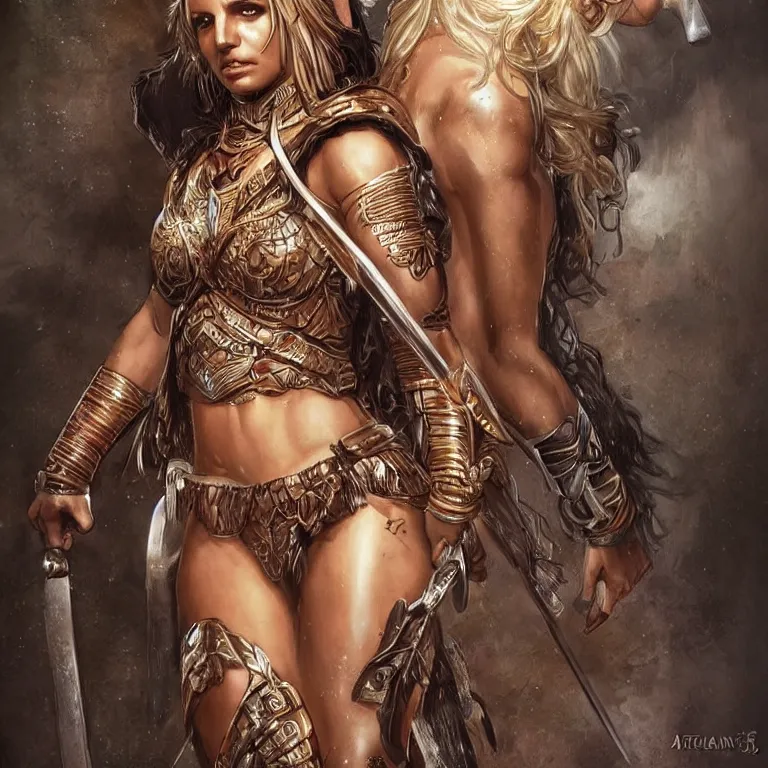 Image similar to a young britney spears as an amazon warrior, a tall beautiful woman with brown skin and long hair, dressed in hellenistic body armor, intricate, elegant, highly detailed, smooth, sharp focus, detailed face, art by ardian syaf