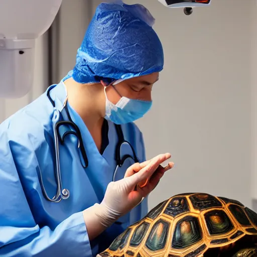 Prompt: doctor using a stethoscope to examine a tortoise under bright operating room lights, closeup, wide angle, backlit