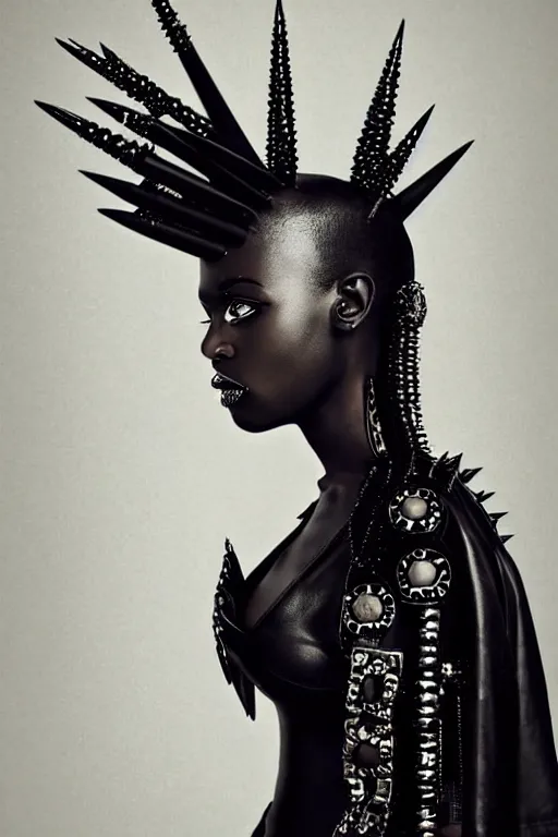 Image similar to an african woman in a black leather outfit with spikes on her head, a high fashion character portrait by christen dalsgaard, featured on behance, gothic art, androgynous, genderless, gothic