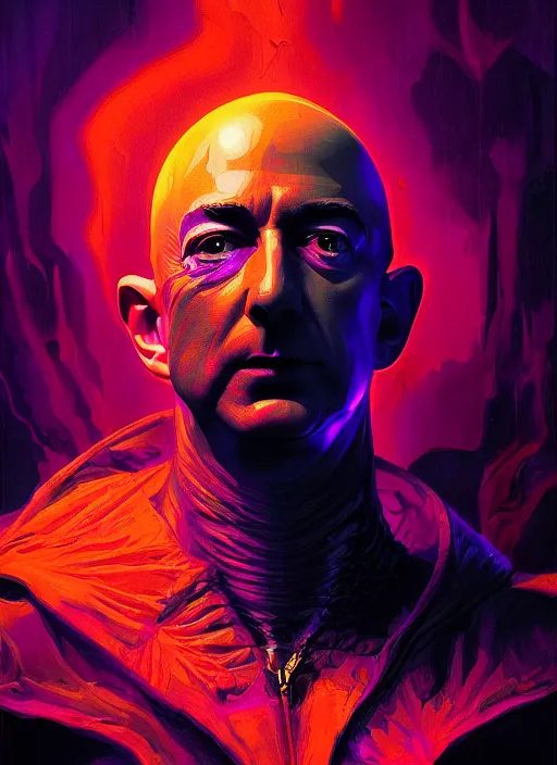 Prompt: A psychedelic portrait of evil jeff bezos looking up at black demon of death , vibrant color scheme, highly detailed, in the style of romanticism, cinematic, artstation, Moebius, Greg rutkowski
