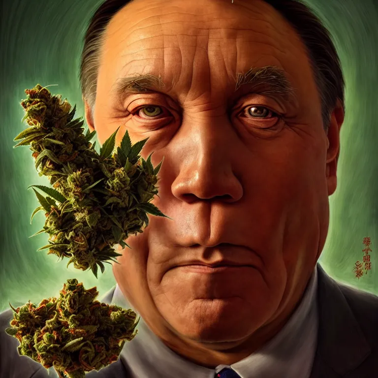 Image similar to a portrait of a cannabis devil premier francois legault in 2 0 2 1 illustrated by miyazaki by karol bak, james jean, tom bagshaw, rococo, sharp focus, trending on artstation, cinematic lighting, hyper realism, octane render, 8 k, hyper detailed, vivid, ultra detailed, highly detailed