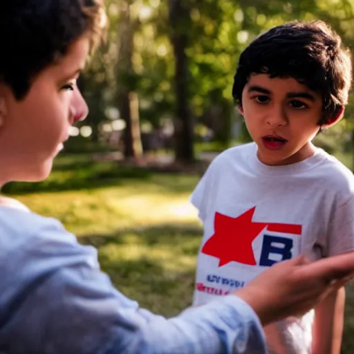 Prompt: a 4K photograph, cinematic lighting, award winning photo of a kid explaining to his mom why socialism is a good thing, socialist style photo