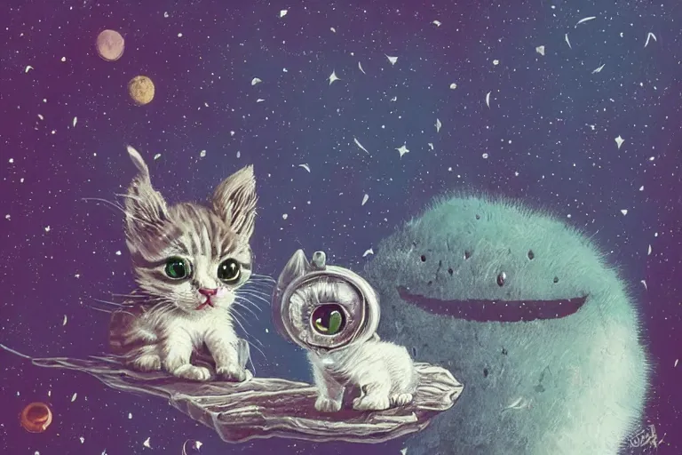 Image similar to tiny kitten meets a colossal space monster, sci-fi horror art, cute