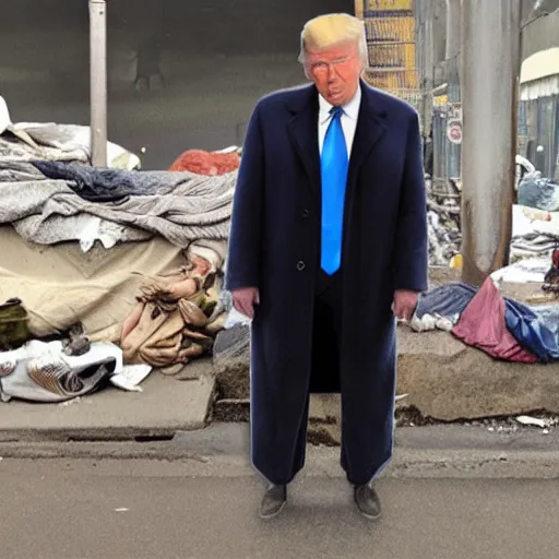 Image similar to donald trump dressed as a homeless man living in the slums