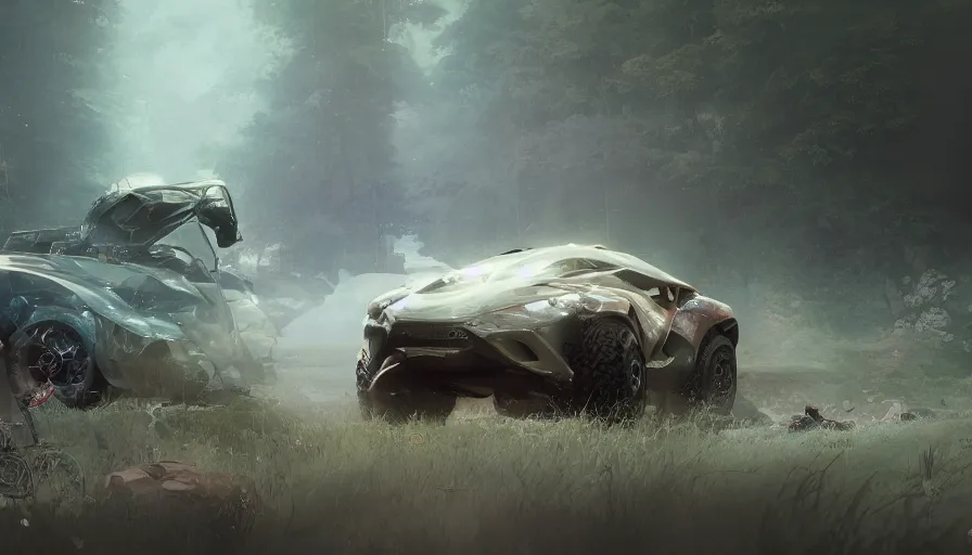 Image similar to a beautiful supercar converted into offroad suv by cory loftis, fenghua zhong, ryohei hase, ismail inceoglu and ruan jia. volumetric light, detailed, octane render, midsommar