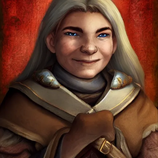 Prompt: baldurs gate 2 portrait of a halfling cleric with defined cheekbones, dark blonde hair tied in a ponytail, wearing a brown and white robe with a white and brown cloak, wry smile