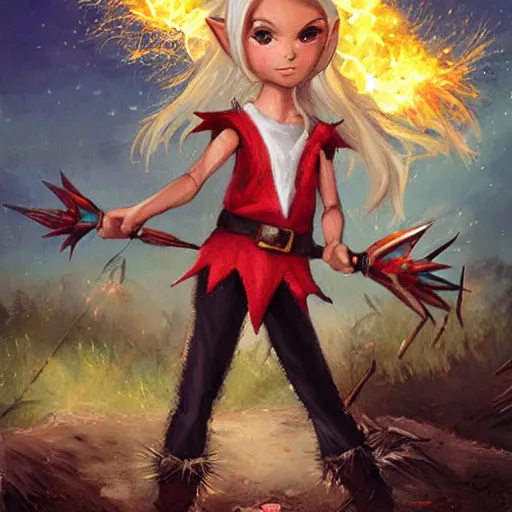 Image similar to a skinny teen as a fantasy elf with spiky blonde hair wearing dark brown overalls and holding a firecracker standing next to a destroyed car, painting by artgerm