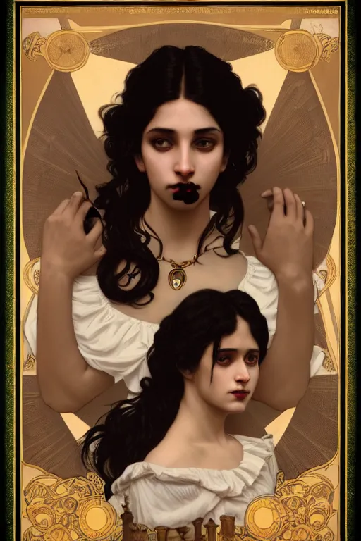 Image similar to 3 / 4 portrait, vampire, brown skin, night, long black hair, prussian blue shirt, beautiful, victorian salon as the background, bloodied mouth, jewelry, alphonse mucha, william bouguereau, rossdraws, greg rutkowski, super detailed, realistic, octane render, volumetric, cinematic, 8 k