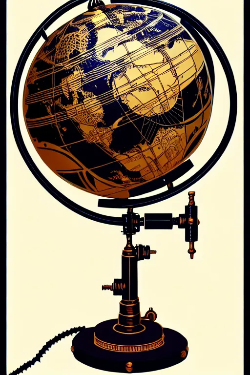 Image similar to ornate steampunk rotating globe on stand, high details, lineart, by vincent di fate, inking, 3 color screen print, masterpiece, trending on artstation, sharp, high contrast, hyper - detailed,, hd, 4 k, 8 k