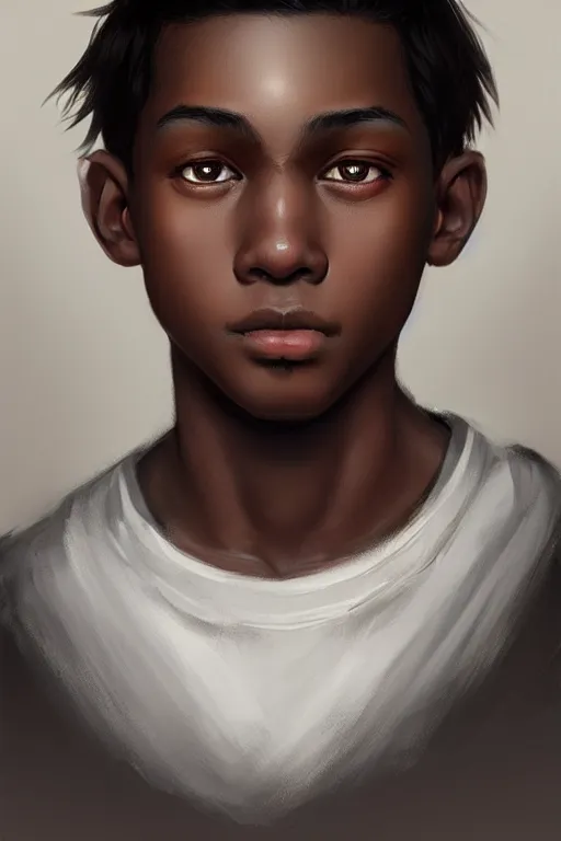 Image similar to young teenager boy with straight short brown hair, dark skin, big lips. highly detailed, d & d, fantasy, highly detailed, digital painting, trending on artstation, concept art, sharp focus, illustration, art by artgerm and greg rutkowski and fuji choko and viktoria gavrilenko and hoang lap