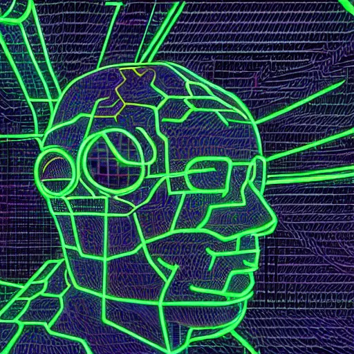 Image similar to reflexion neon cyberpunk voronoi depth fog wires connexion, a face of a virtual cyborg