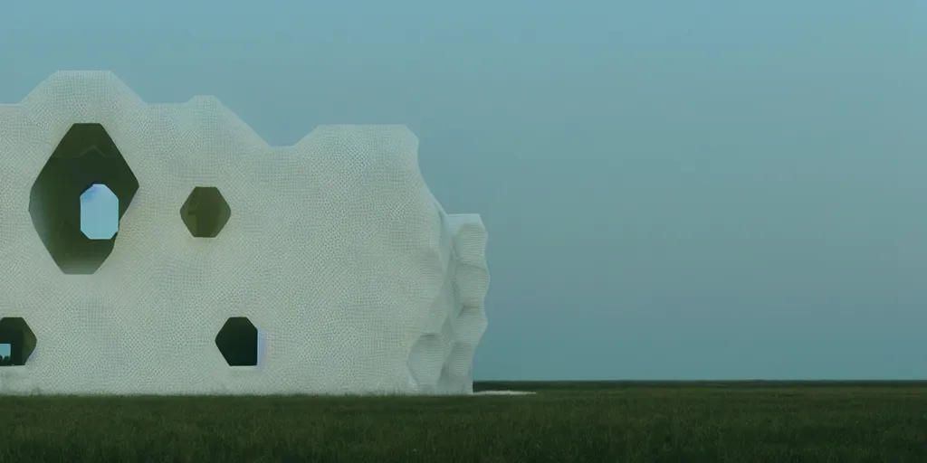 Prompt: real white honeycomb organic building sits in the landscape, film still from the movie directed by denis villeneuve aesthetic with art direction by zdzisław beksinski, telephoto lens, shallow depth of field