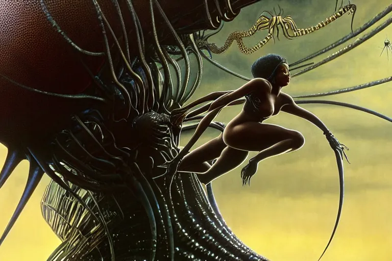 Image similar to realistic detailed closeup portrait movie shot of a beautiful black woman riding a giant spider, dystopian city landscape background by denis villeneuve, amano, yves tanguy, alphonse mucha, max ernst, ernst haeckel, edward robert hughes, roger dean, cyber necklace, rich moody colours, sci fi patterns, wide angle