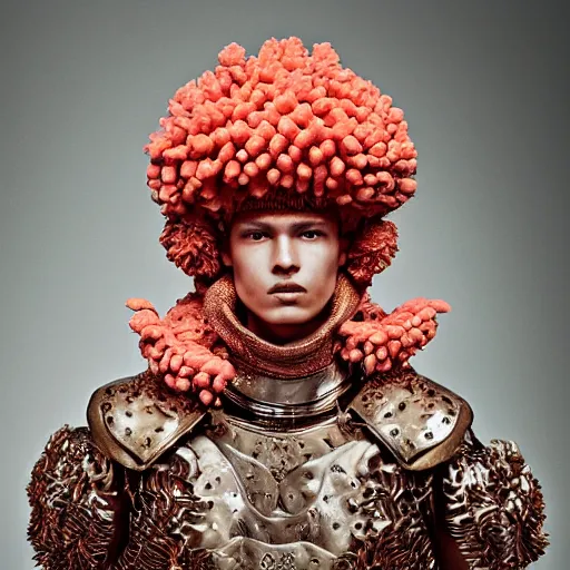 Image similar to a portrait of a beautiful young male wearing an alexander mcqueen armor made of coral , photographed by andrew thomas huang, artistic