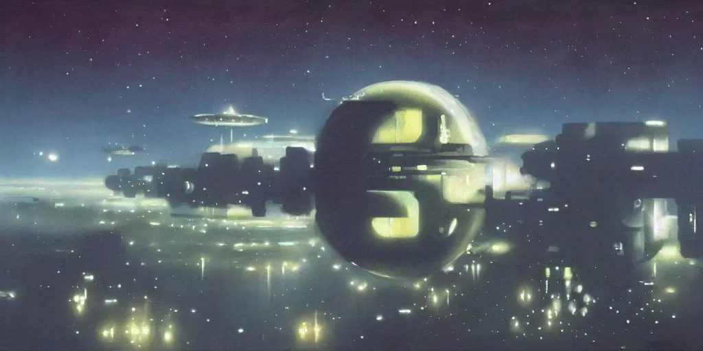 Image similar to a painting of low earth orbit space city by john harris.