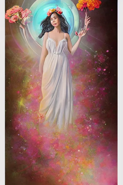 Image similar to The image depicts a woman in a flowing white dress, holding a bouquet of flowers. She is surrounded by a bright, halo-like aura. The background is a series of concentric circles, radiating out from the woman. The overall effect is one of serenity and heavenly beauty. The lithograph is printed in a limited number of colors, but the effect is very rich and detailed. Mucha's use of line is particularly notable, as it creates a sense of movement and energy around the central figure. The concentric circles in the background add to this sense of motion, while also providing a stable reference point for the viewer. The overall composition is well balanced and harmonious. The lithograph is printed in a limited number of colors, but the effect is very rich and detailed. Mucha's use of line is particularly notable, as it creates a sense of movement and energy around the central figure. The concentric circles in the background add to this sense of motion, while also providing a stable reference point for the viewer.