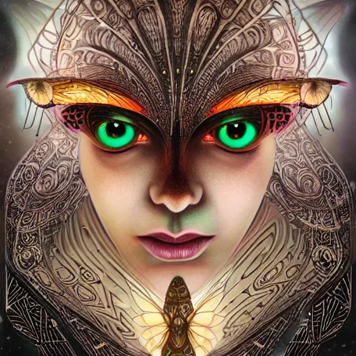 Image similar to closeup portrait of a beautiful art deco faerie queen, glowing eyes, moth wings with geometric patterns, reflective detailed textures, highly detailed dark fantasy science fiction painting, elaborate geometric ornament, ancient runes, silver and cool colors, extremely detailed, photorealistic, artstation