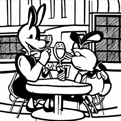Prompt: a cartoon female rabbit and comics male duck drinking beer together in disney style