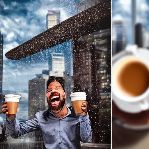 Prompt: man in downtown seattle looking up at sky and holding two large coffee mugs and yelling, electricity shooting out of his eyes, laughing madly, while fountains of coffee pour from the heavens into his mugs, highly detailed photorealistic