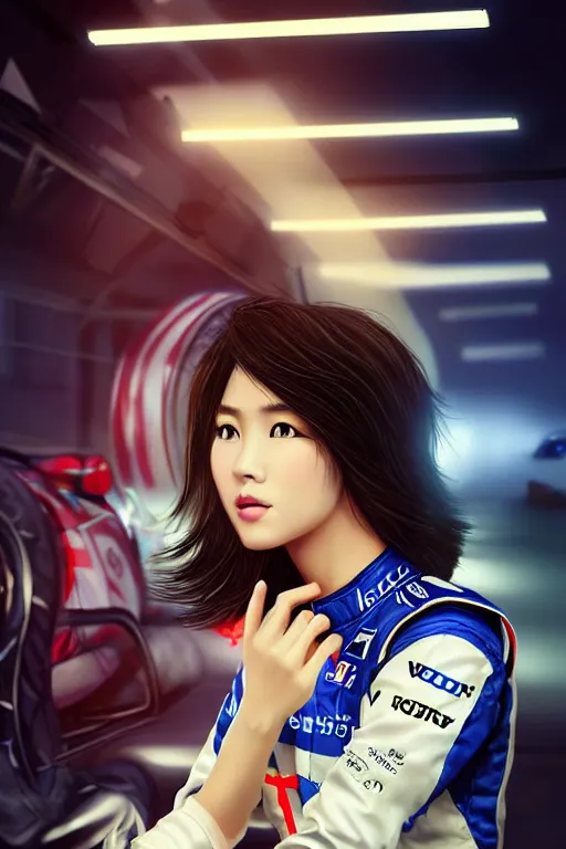 Image similar to portrait beautiful asian female formula one racer, wearing formula one racer uniform, at formula one racing car repair room, ssci-fi, fantasy, intricate, very very beautiful, elegant, human anatomy, neon light, highly detailed, digital painting, artstation, concept art, soft light, smooth, sharp focus, illustration, art by tian zi and WLOP and alphonse mucha