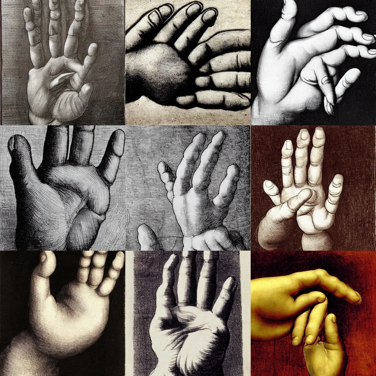 Prompt: a human hand, 1 thumb and 4 fingers by leonardo de vinci