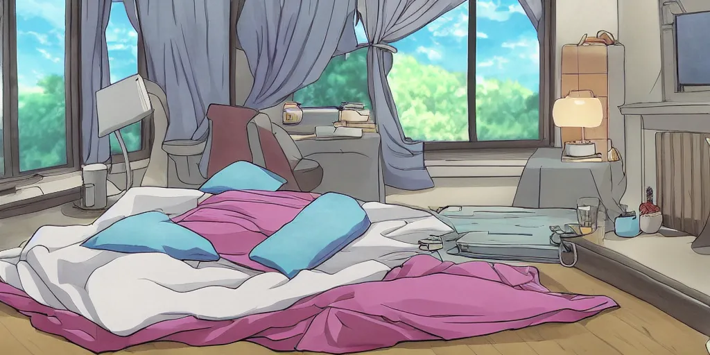 Prompt: anime digital drawing of a comfy bedroom