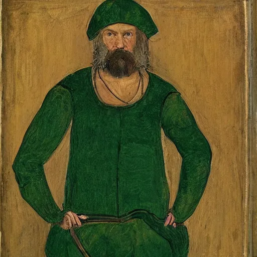 Prompt: portrait of a dirty peasant, angry, green body suit, medieval, classic painting