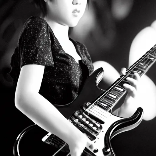 Prompt: a black and white photograph of a female japanese artist playing an electric guitar