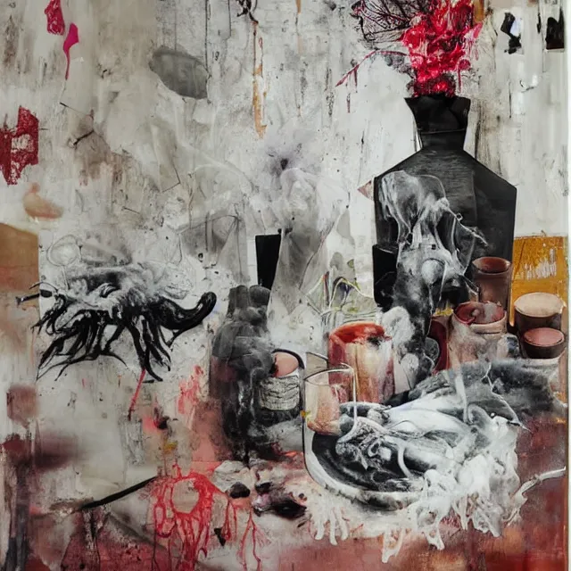 Image similar to a female artist's apartment, sensual portrait of a woman sleeping, cracked handmade pottery vase, torn paper smouldering smoke, candles, white flowers on the floor, puddle of water, octopus, squashed berries, neo - expressionism, surrealism, acrylic and spray paint and oilstick on canvas