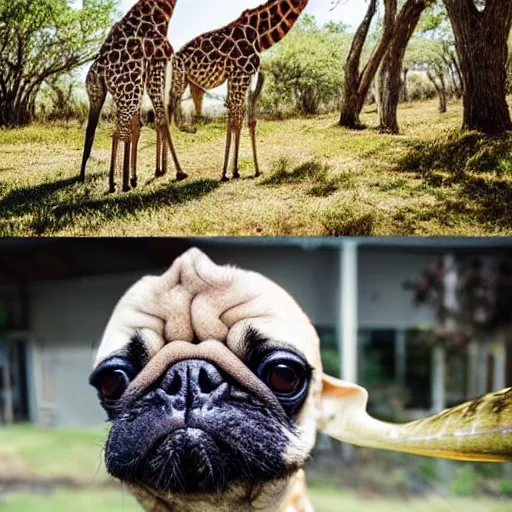 Image similar to a Giraffe-Pug Hybrid, A Giraffe that looks like a pug, huge tusks, afternoon hangout, good times photograph, candid