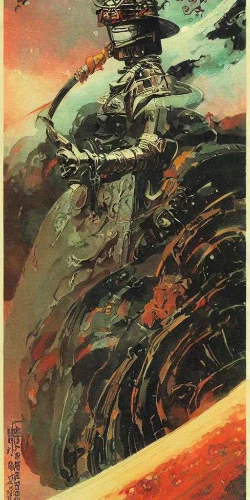 Image similar to on a strange vintage scifi planet, a samurai wizard warrior goddess with sword, vintage scifi poster, winslow homer, moebius, roger dean, artstation