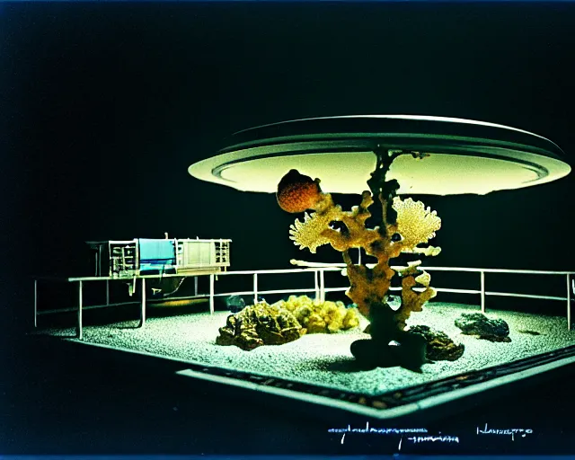 Image similar to low angle shot of a space station at night, aquatic plants, coral, shabby chic, cinematography by Jim Jarmusch, composition by Hale Woodruff, in the style of Ilya Kuvshinov, set design by Antonin Gaudí, 35mm, graflex, color film photography