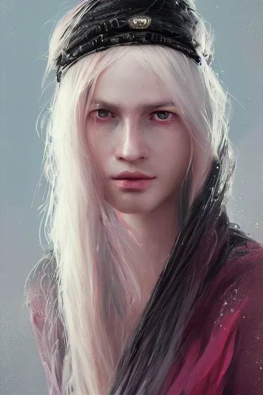 Image similar to a fancy portrait of a young women with long white hair and deep pink eyes by greg rutkowski, sung choi, mitchell mohrhauser, maciej kuciara, johnson ting, maxim verehin, peter konig, 8 k photorealistic, cinematic lighting, hd, high details, dramatic, atmosphereric, trending on artstation