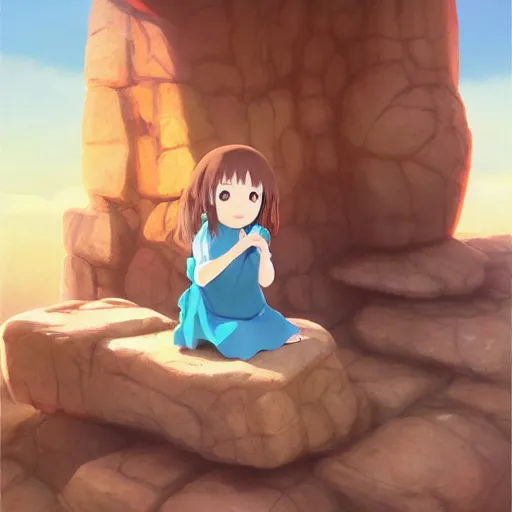 Prompt: a painting of a little girl sitting on a rock, a digital painting by hayao miyazaki, cgsociety, metaphysical painting, 2 d game art, storybook illustration, detailed painting