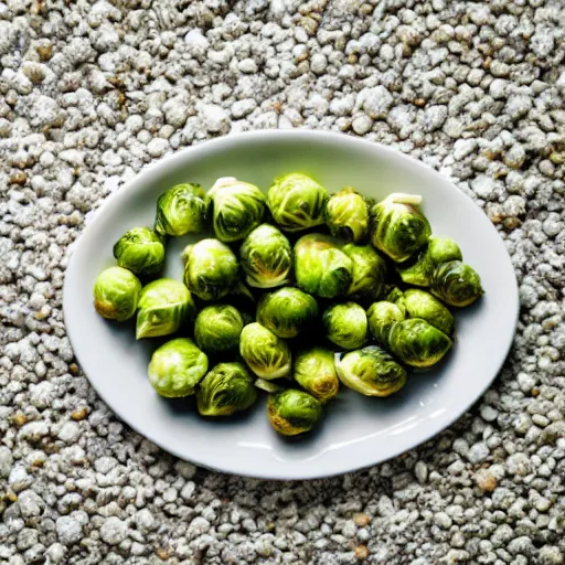 Prompt: brussel sprouts on white gravel, mashed potatoes, Michelin star, award winning