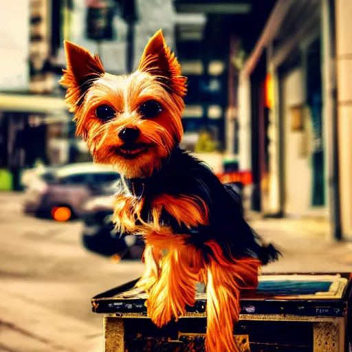 Image similar to photography of a Yorkie sitting on a box. in a cyberpunk street, award winning photo, saturated, colored, colors, 100mm, sharp, high res