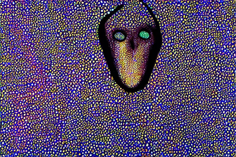 Image similar to teeth, smile, faceless people dark, dots abstract, dripping, stipple, pointillism, technical, abstract, minimal, style of francis bacon, asymmetry, pulled apart, stretch, cloak, eerie, made of dots, abstraction chemicals, balaclava mask, colored dots, sploch
