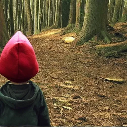 Image similar to bad quality screenshot of a leaked video of a small person dressed as gnome looking at me at a forest trail, photo taken from far away, night time, bright camera flash, camera shaking, disturbing, very scary, realistic, very disturbing, help me please im disturbed, ultrarealistic, 480p, scary